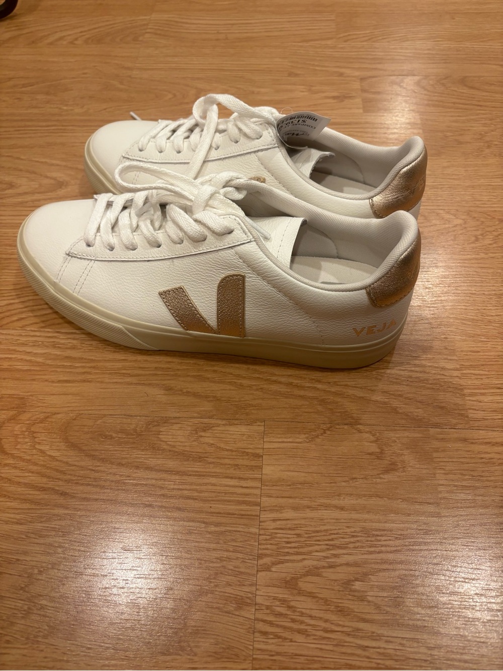 Veja White Leather Low-Top Sneakers with Gold V Accent - Picture 3 of 6
